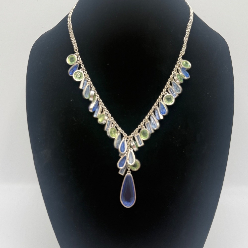 Monet Silver Tone Blue Green Multi Stone Teardrop Statement Necklace‎